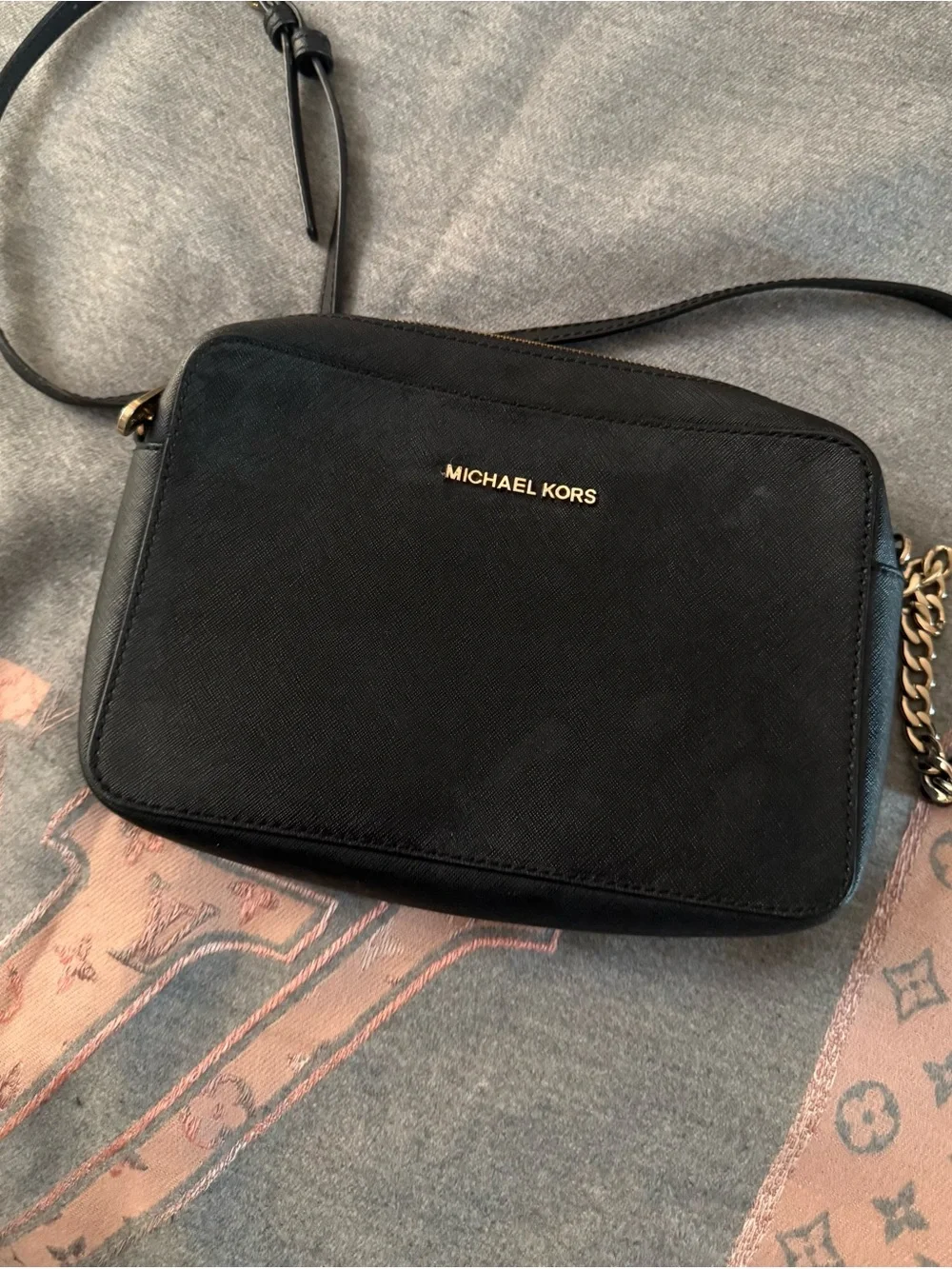Michael Kors Black Leather Crossbody Camera Bag with Gold Hardware